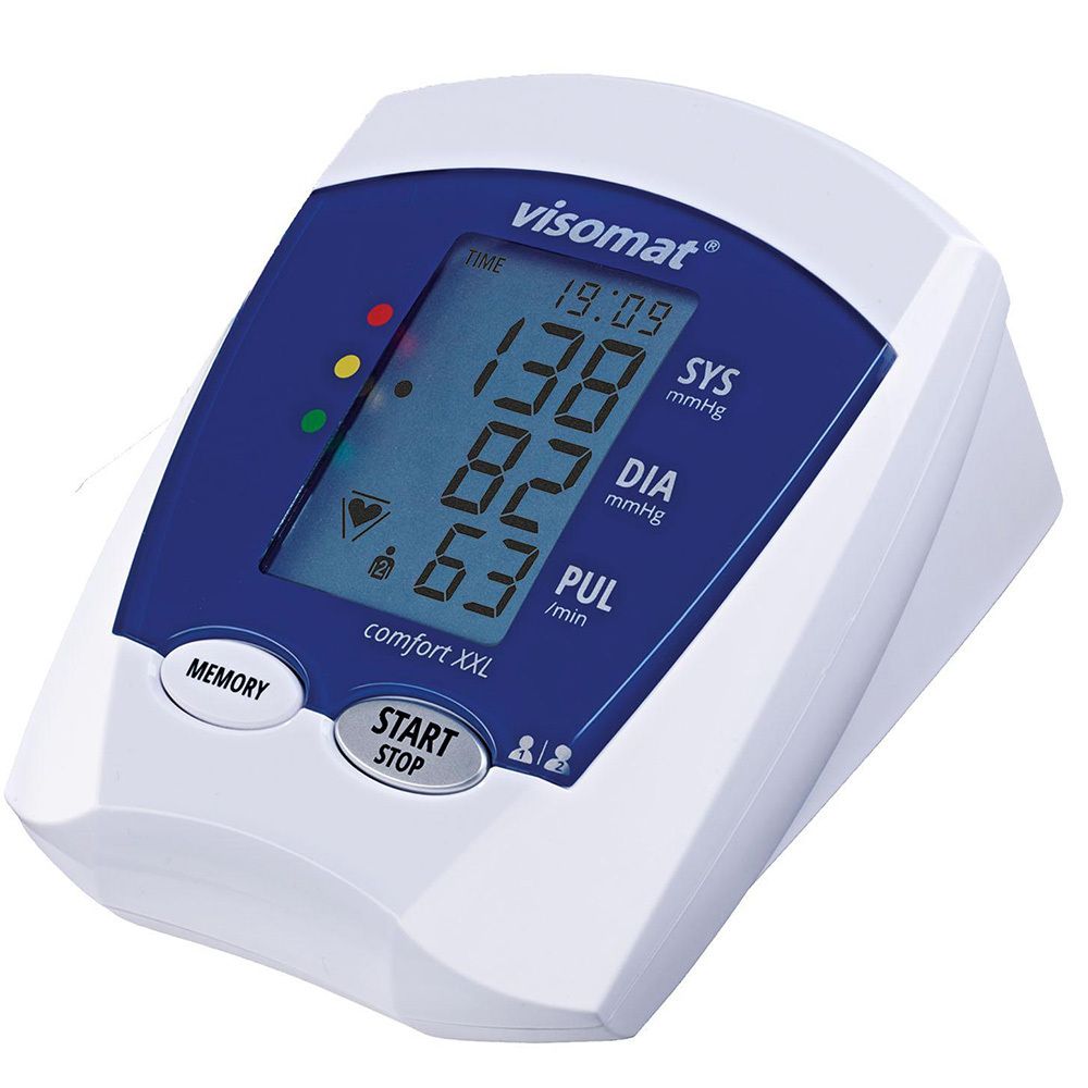 Tensiomètre visomat® comfort XXL. Affichage numérique des mesures. Boîtier blanc, écran bleu, boutons.