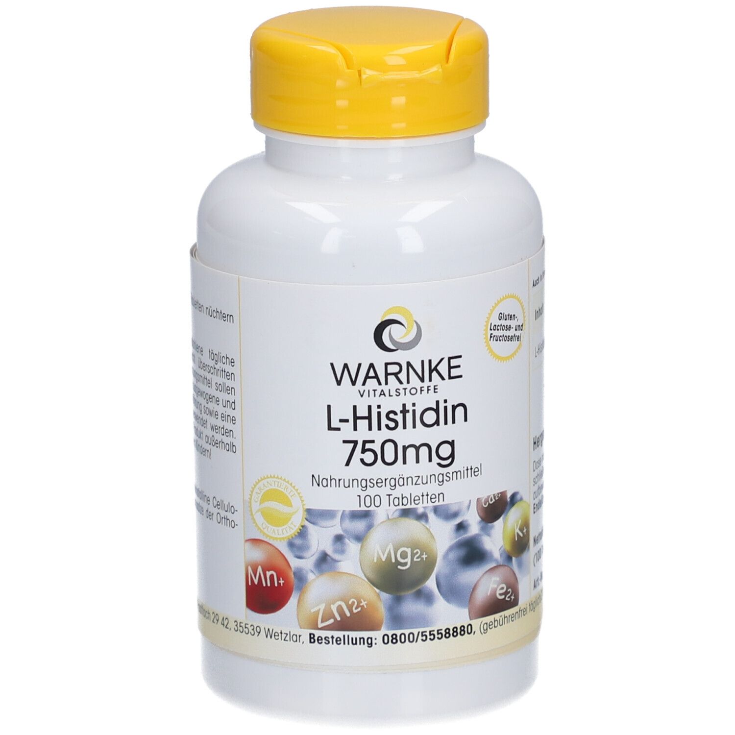 Flacon blanc à bouchon jaune. Inscription: Warnke L-Histidine 750mg, 100 comprimés. Illustrations de minéraux.