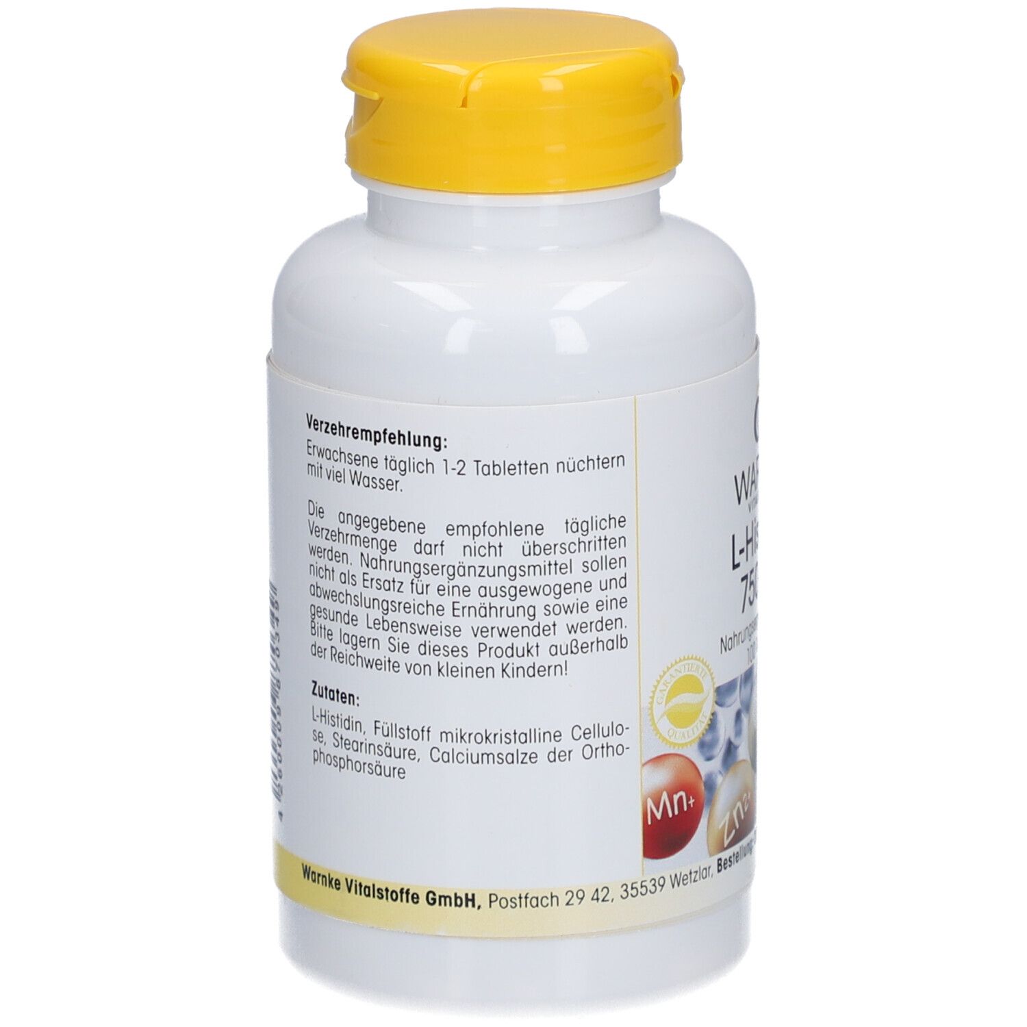 Dos du flacon blanc à bouchon jaune. Texte sur les recommandations de consommation et les ingrédients. Warnke Vitalstoffe GmbH.