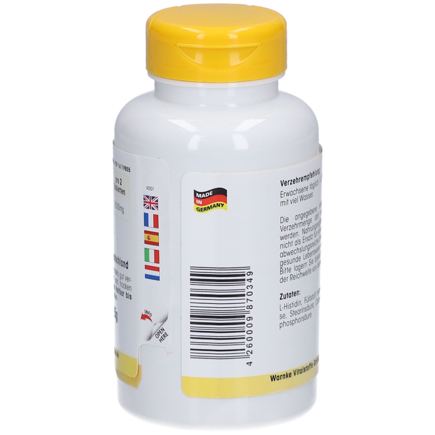 Dos d'un flacon blanc à bouchon jaune. Code-barres, Fabriqué en Allemagne, drapeaux. Warnke Vitalstoffe GmbH.