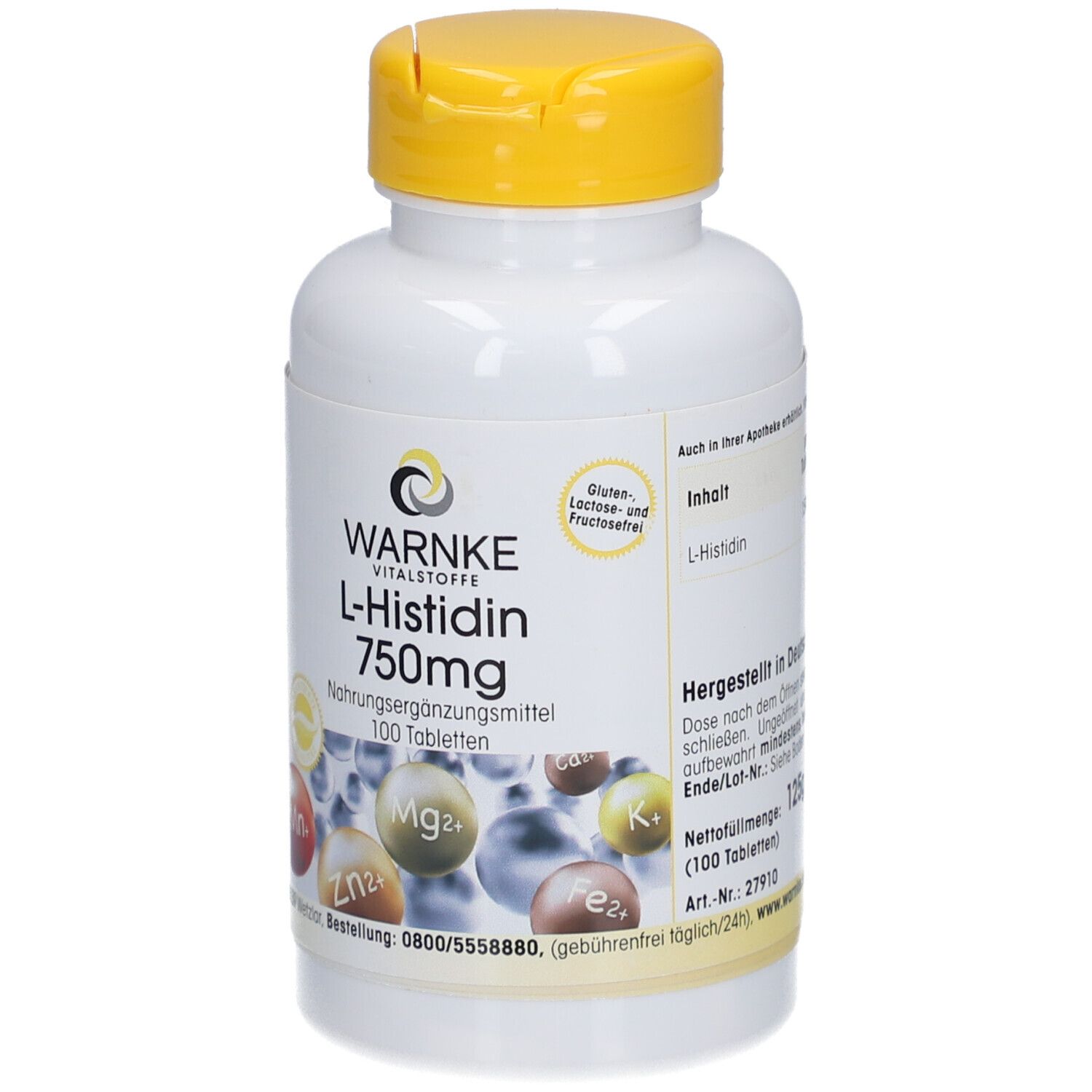 Flacon blanc à bouchon jaune. Inscription: Warnke L-Histidine 750mg, 100 comprimés. Illustrations de minéraux.