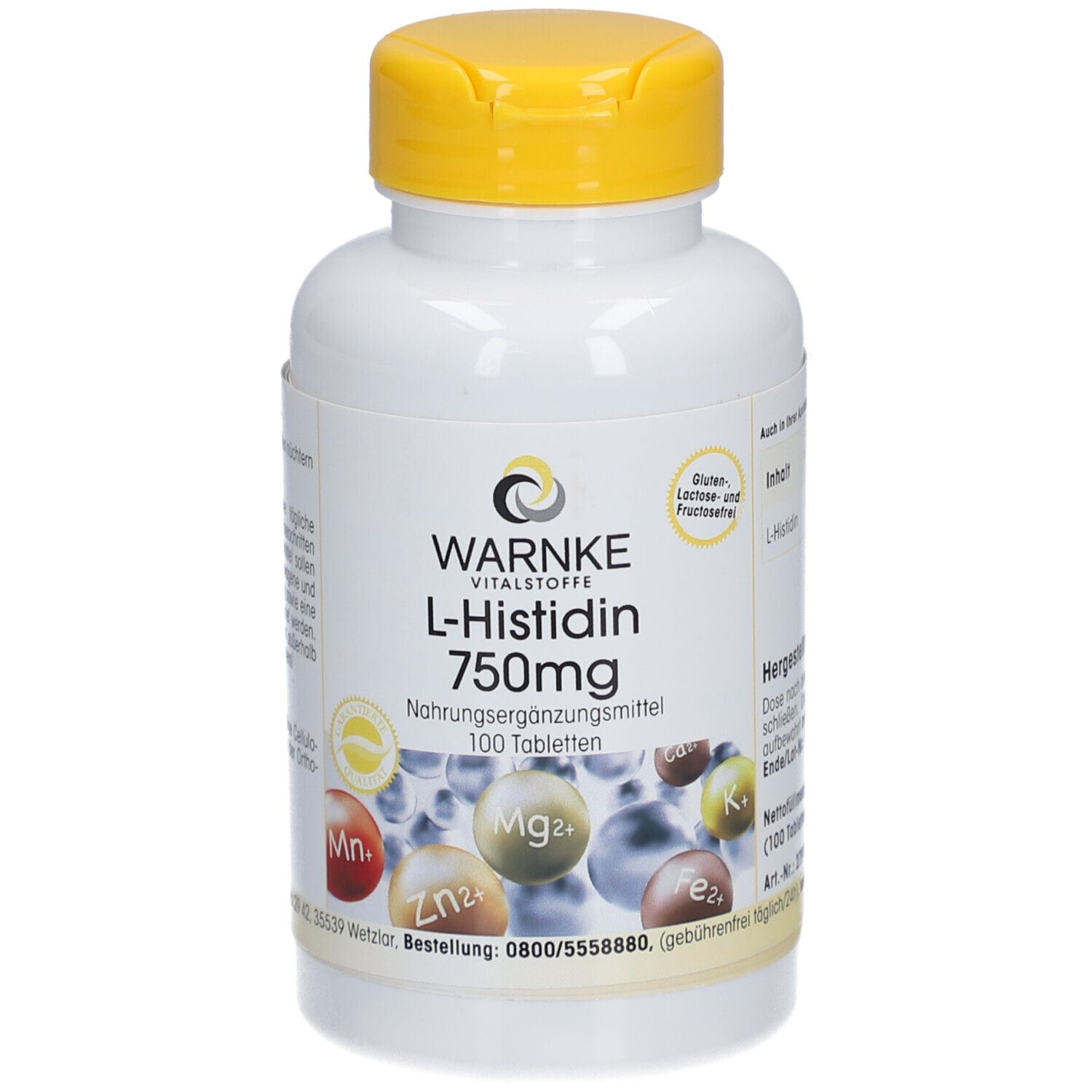 Flacon blanc à bouchon jaune. Inscription: Warnke L-Histidine 750mg, 100 comprimés. Illustrations de minéraux.