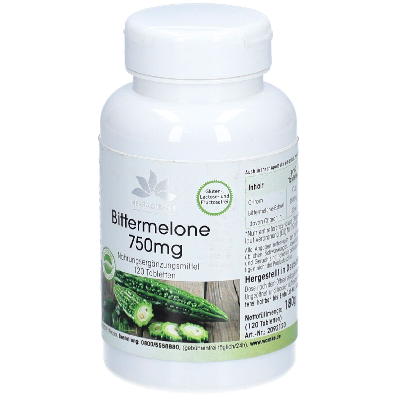 Flacon de comprimés blanc avec étiquette verte. Inscription : Bittermelone 750mg, 120 comprimés. Sans gluten ni lactose.