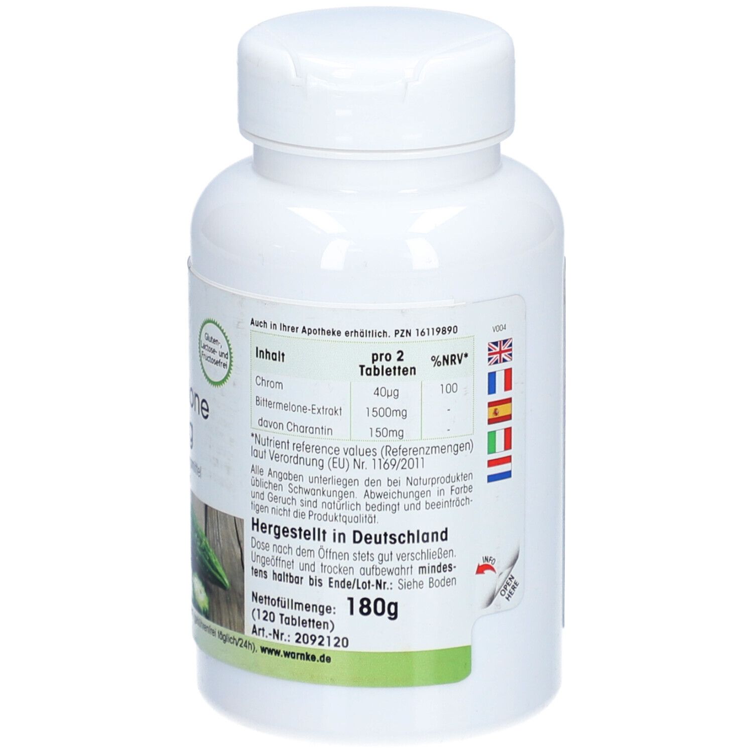 Dos du flacon de comprimés blanc. Texte : Contenu, informations nutritionnelles. Fabriqué en Allemagne. Poids : 180g.