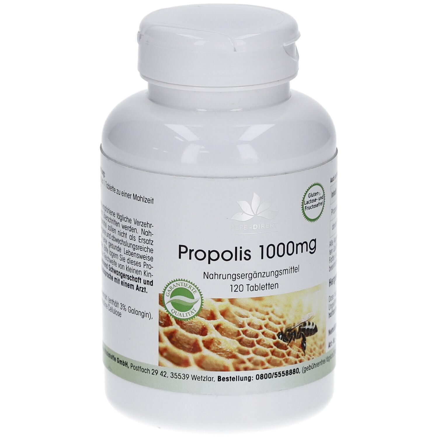 Flacon blanc PROPOLIS 1000mg. Inscription: 120 comprimés. Image d'un nid d'abeilles avec abeille. Sceau de qualité.