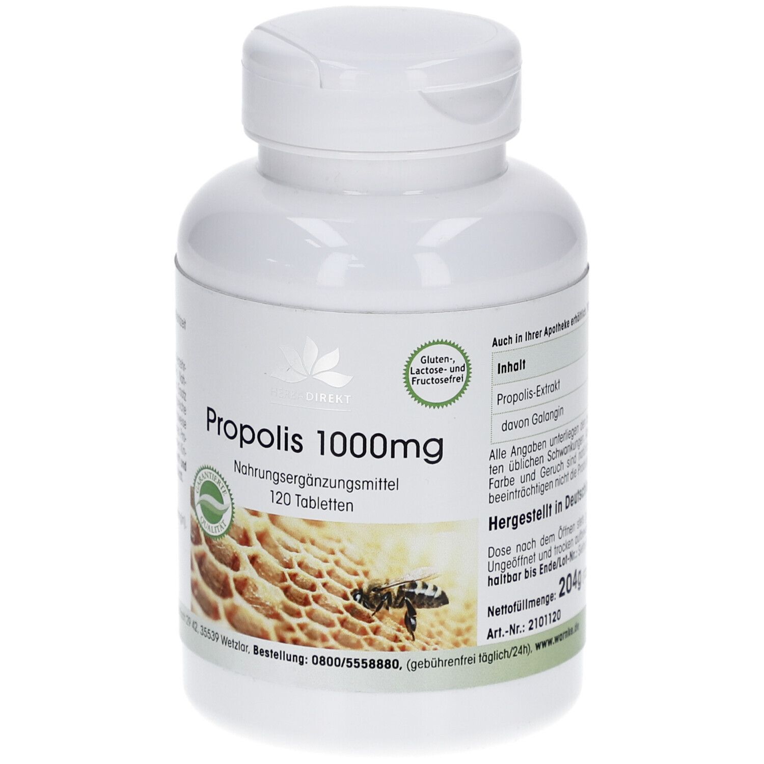 Flacon blanc PROPOLIS 1000mg. Inscription: 120 comprimés. Image d'un nid d'abeilles avec abeille. Sceau.