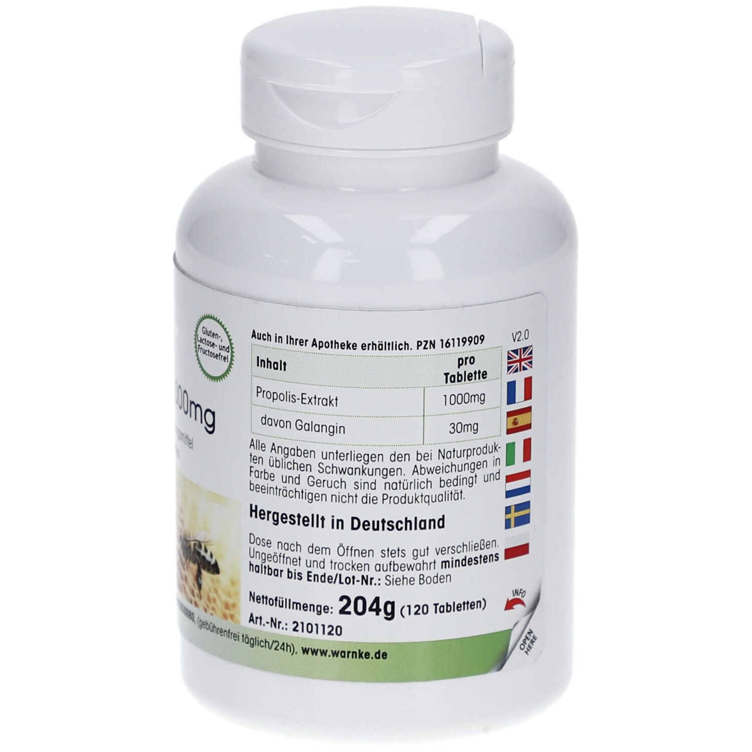 Flacon blanc PROPOLIS 1000mg. Inscription: 120 comprimés. Composition. Fabriqué en Allemagne.