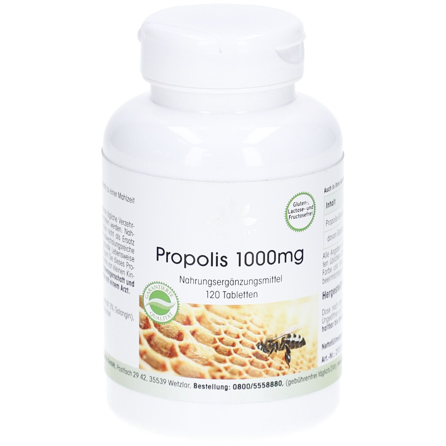 Flacon blanc PROPOLIS 1000mg. Inscription: 120 comprimés. Image d'un nid d'abeilles avec abeille. Sceau.