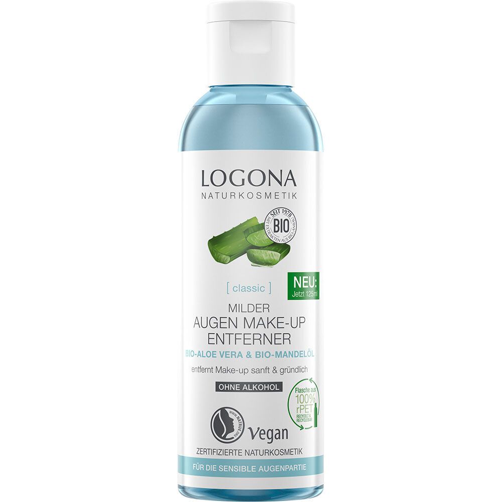 Flacon LOGONA démaquillant yeux. Étiquette bleu et blanc, image d'aloe vera. Label Vegan. "Sans alcool".