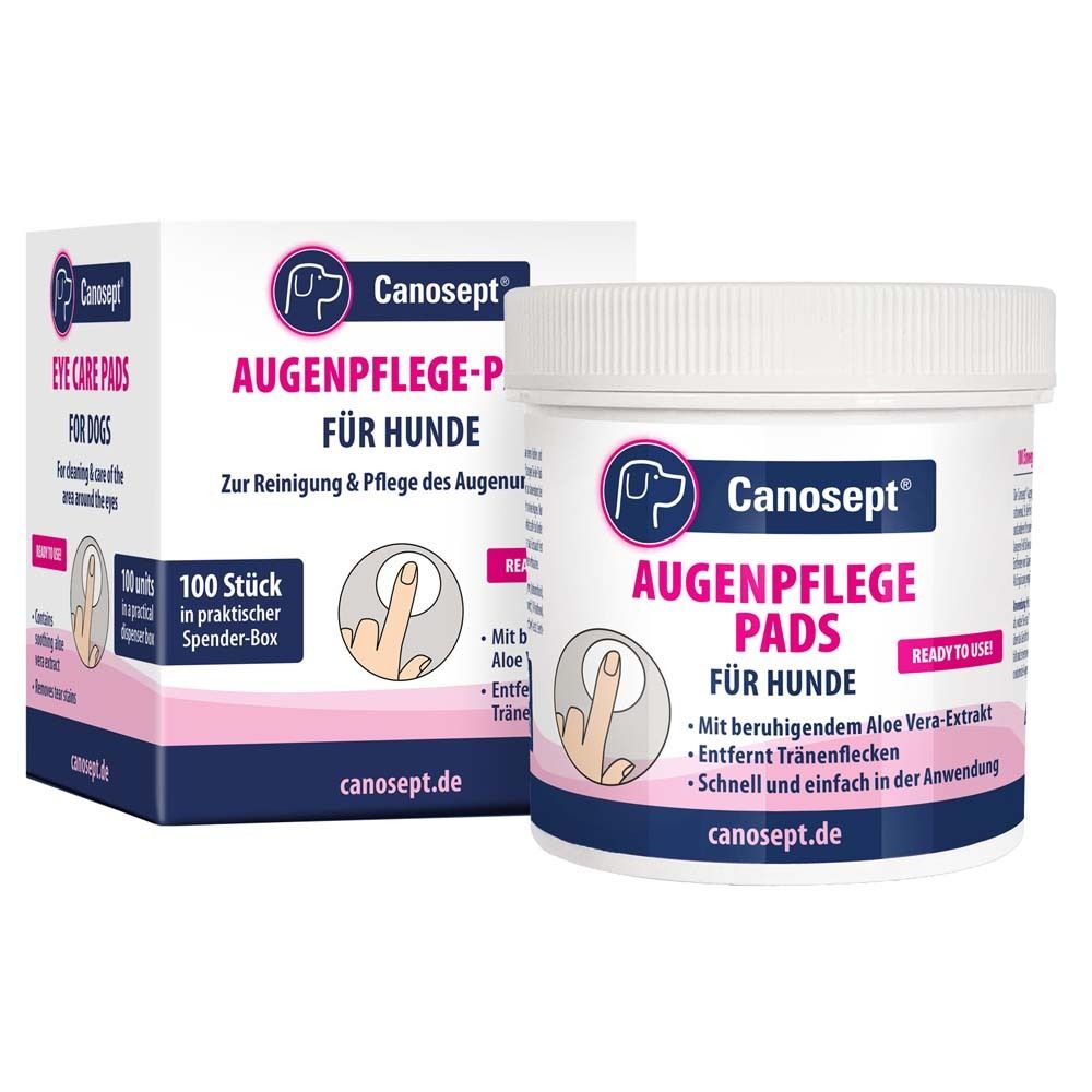 Canosept® Pads pour les yeux pour chiens. Pads blancs dans une boîte distributrice et un pot. Emballage rose et blanc avec informations sur le produit.