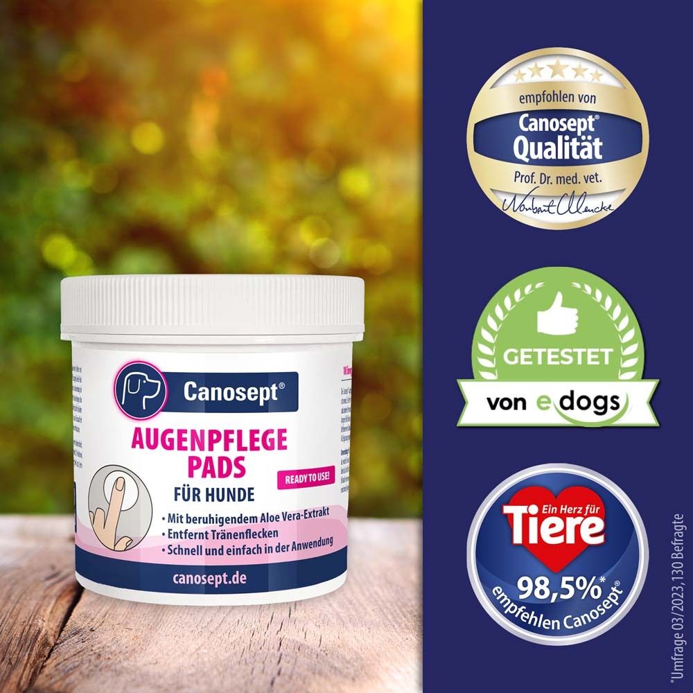 Canosept® Pads pour les yeux pour chiens. Pot avec tampons et logos. Certifications et labels de qualité.