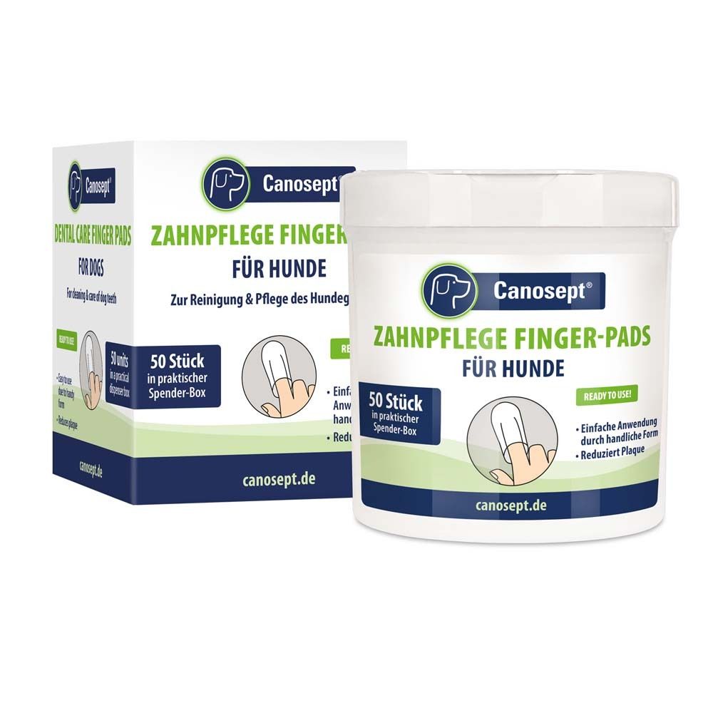 Deux emballages de Canosept® Zahnpflege Finger-Pads pour chiens. Une boîte et un pot avec informations et logo.