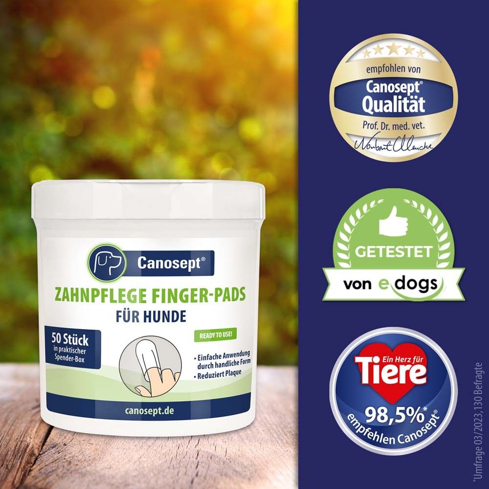 Pot de Canosept® Zahnpflege Finger-Pads pour chiens. Logos et texte : 50 pièces, application facile, réduit la plaque.