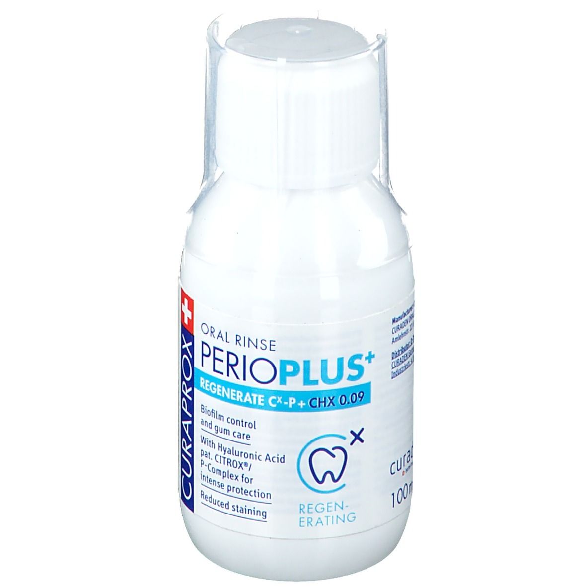 Flacon blanc CURAPROX Perio Plus Chlorhexidine 0,09. Inscription: Oral Rinse, Regenerate, CHX 0.09. Symbole de dent.