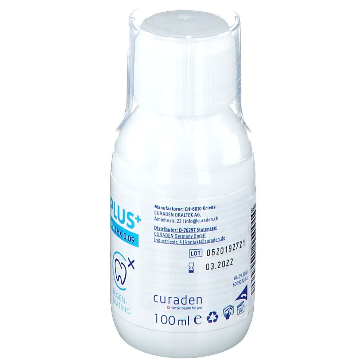 Flacon blanc CURAPROX Perio Plus Chlorhexidine 0,09. Dos avec informations fabricant et numéro de lot. 100 ml.