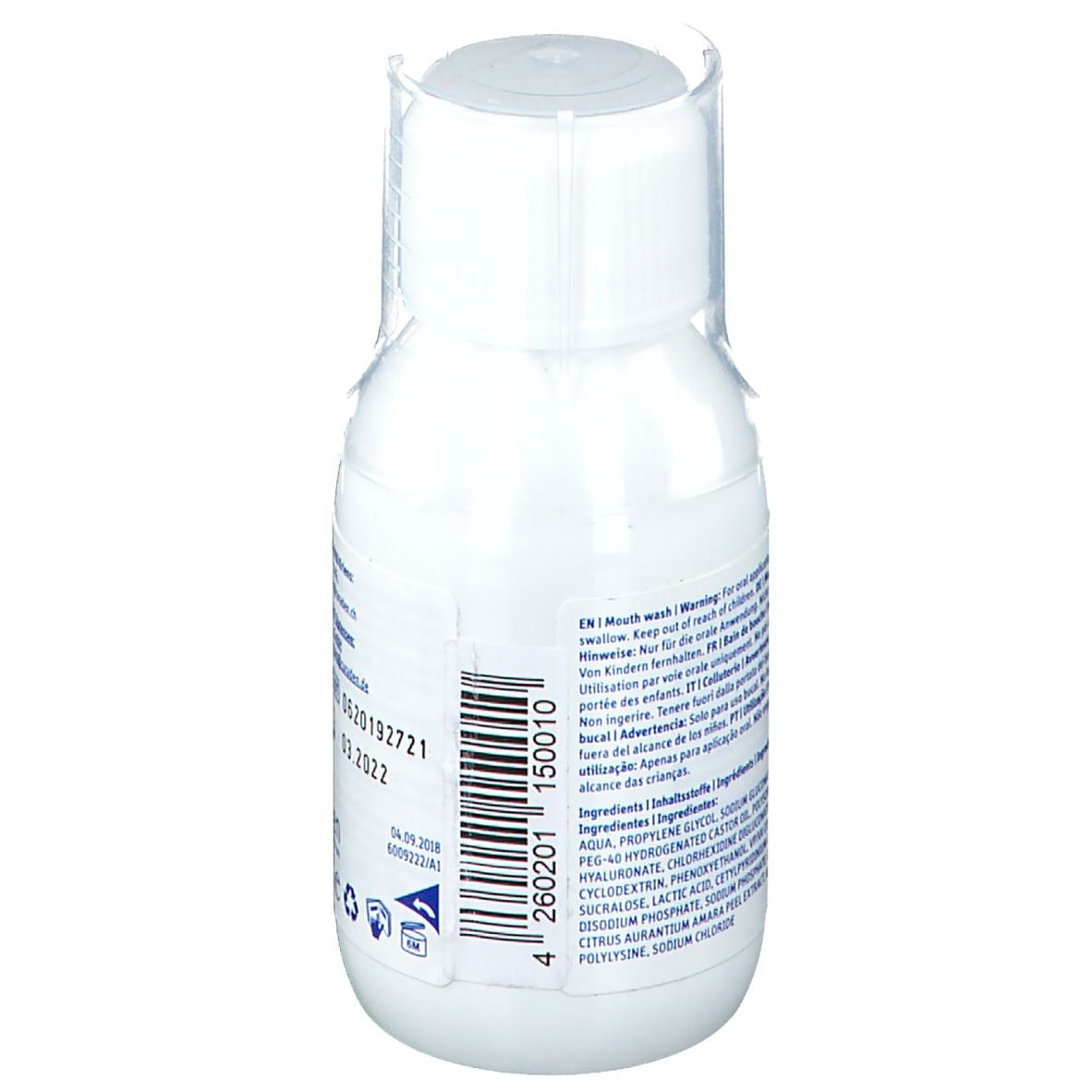 Dos d'un flacon blanc CURAPROX Perio Plus Chlorhexidine 0,09. Contient ingrédients et avertissements.