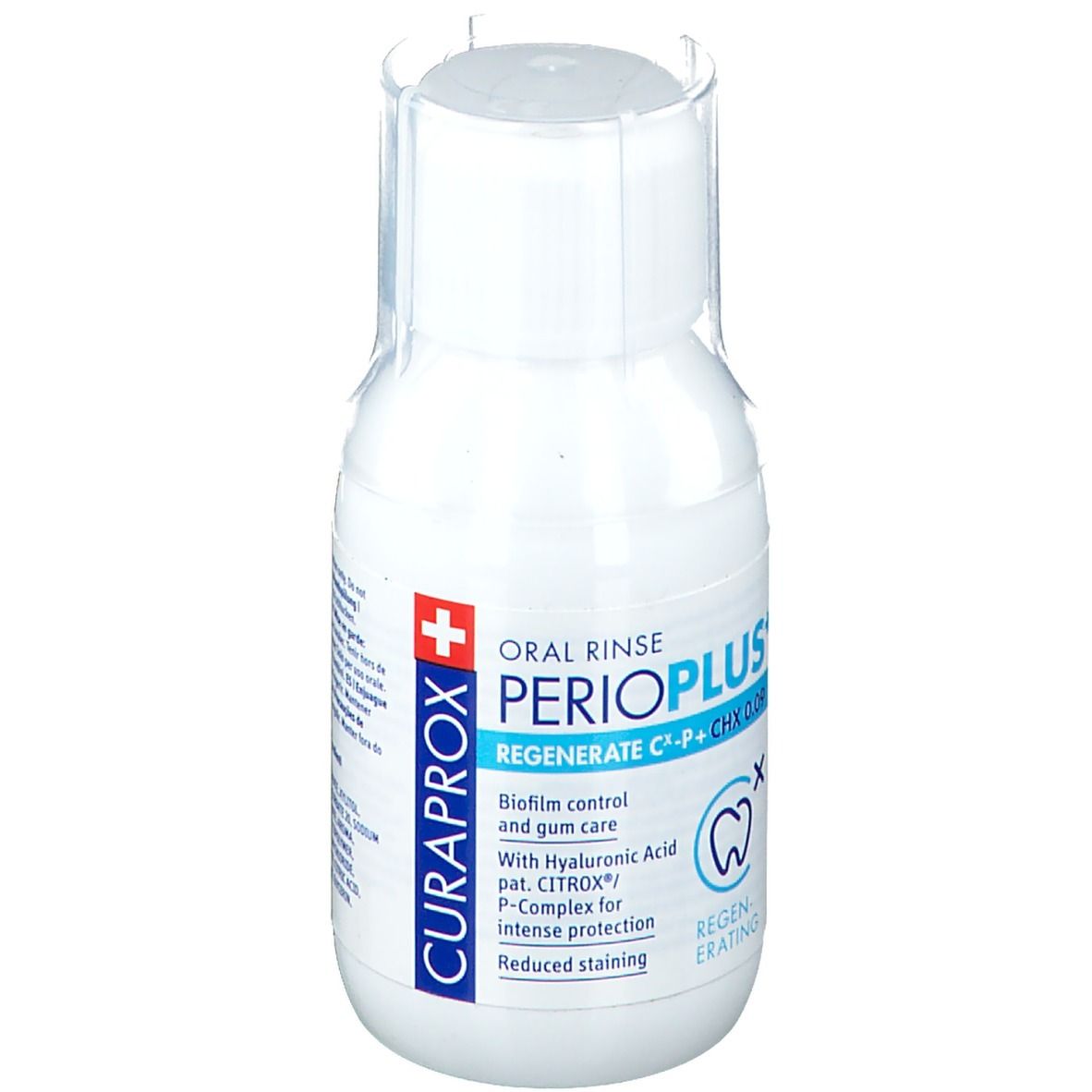Flacon blanc CURAPROX Perio Plus Chlorhexidine 0,09. Inscription: Oral Rinse, Regenerate, CHX 0.09. Symbole de dent.