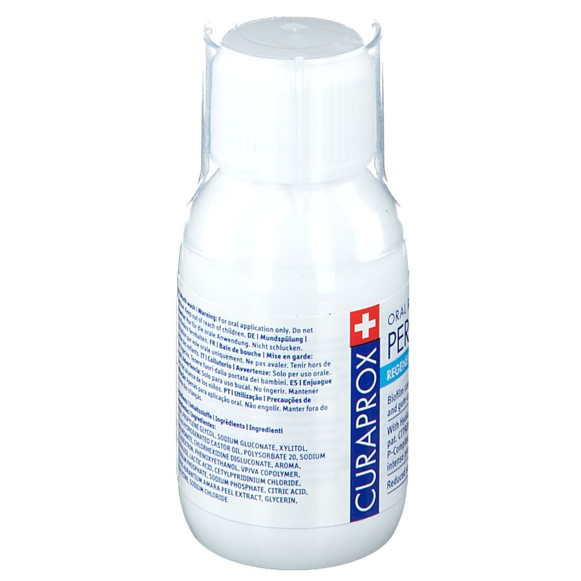 Dos d'un flacon blanc CURAPROX Perio Plus Chlorhexidine 0,09. Contient ingrédients et avertissements.