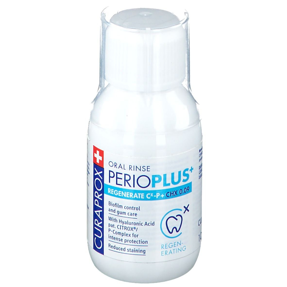 Flacon blanc CURAPROX Perio Plus Chlorhexidine 0,09. Inscription: Oral Rinse, Regenerate, CHX 0.09. Symbole de dent.