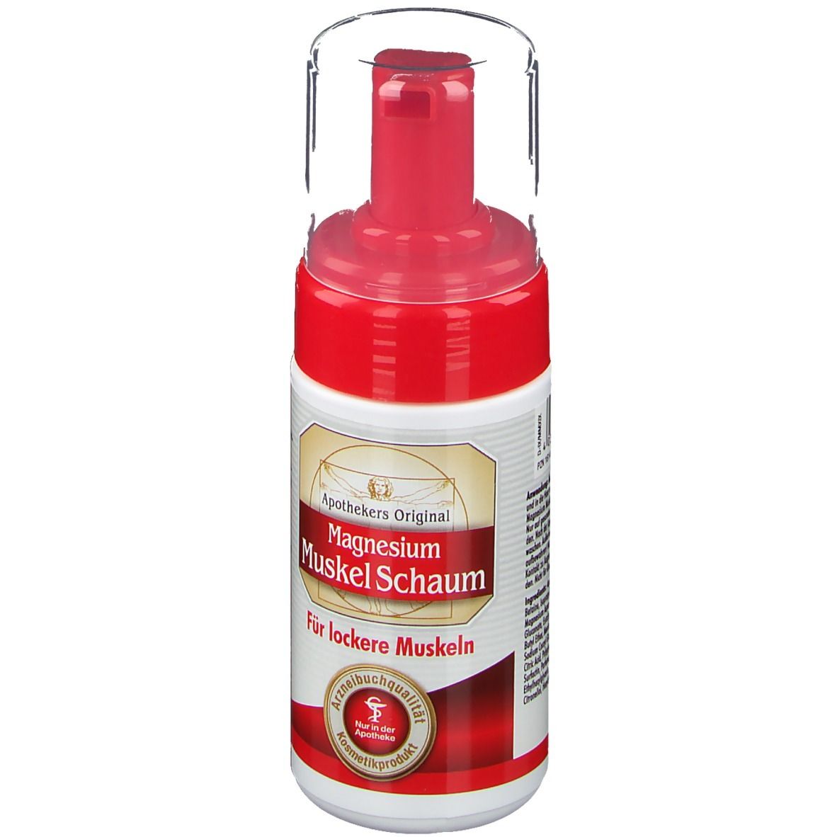 Flacon de Mousse musculaire au magnésium. Tête de pompe rouge avec capuchon transparent. Étiquette avec nom et logo du produit.