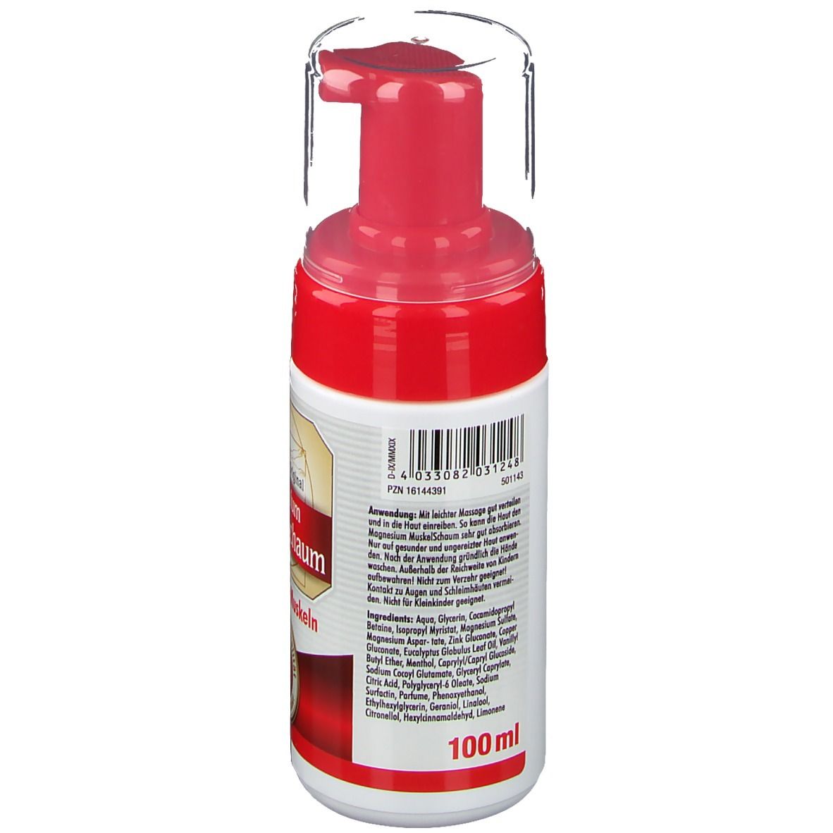 Dos du flacon de Mousse musculaire au magnésium. Étiquette avec ingrédients et instructions d'utilisation. 100 ml.