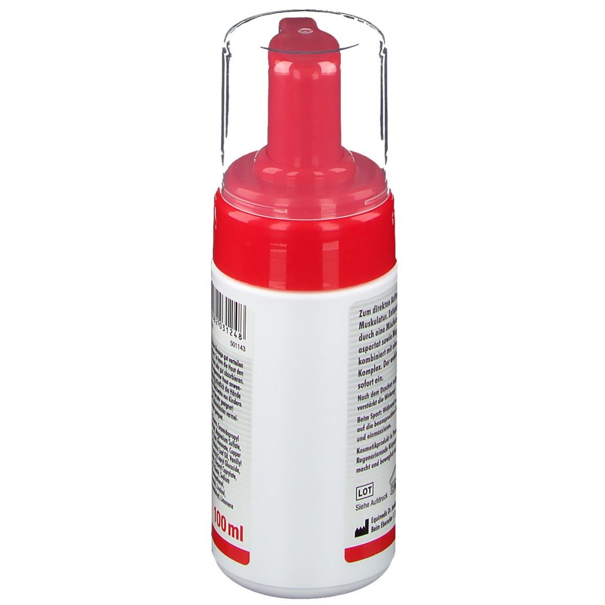 Dos du flacon de Mousse musculaire au magnésium. Étiquette avec informations et texte sur le produit. 100 ml.