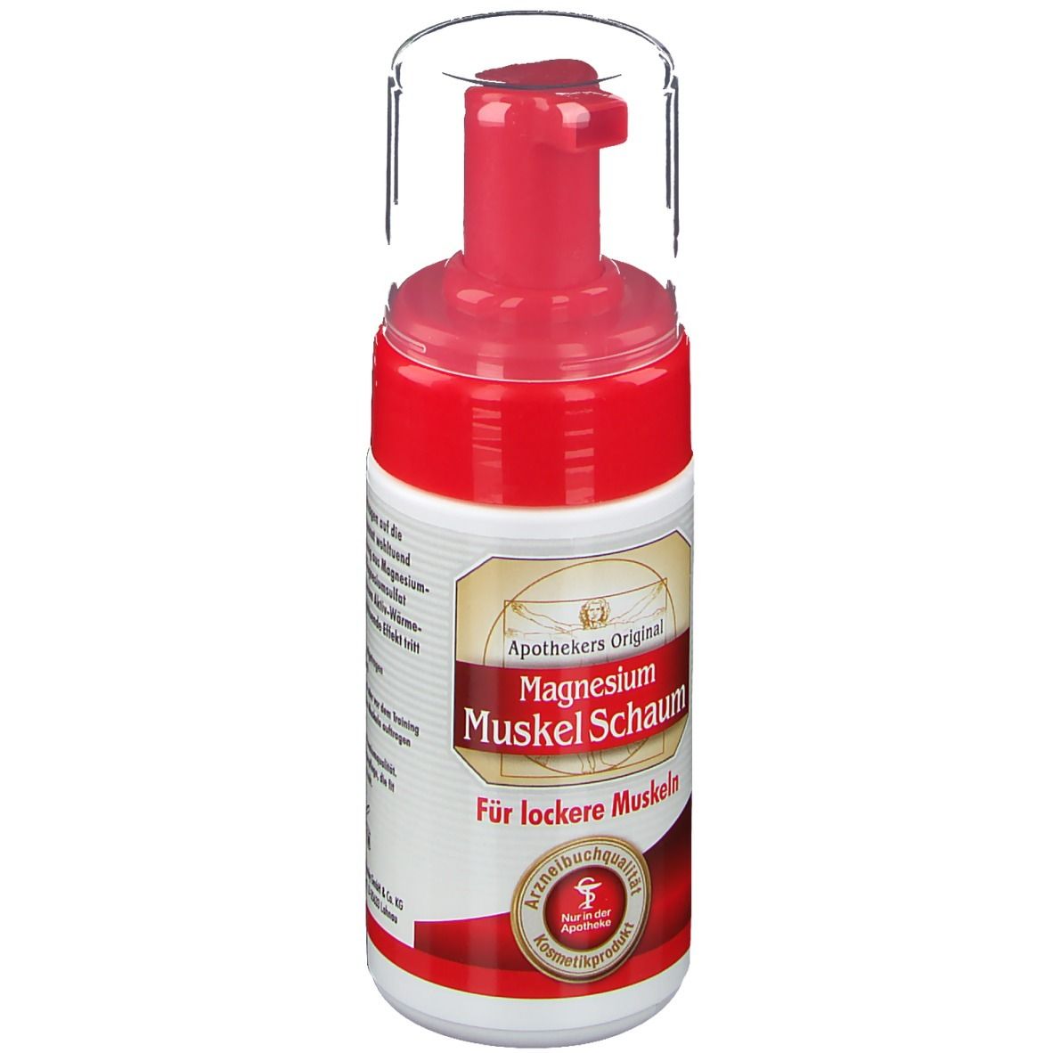 Flacon de Mousse musculaire au magnésium. Tête de pompe rouge avec capuchon transparent. Étiquette avec nom et logo du produit.