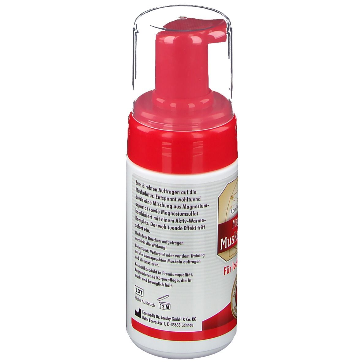 Dos du flacon de Mousse musculaire au magnésium. Étiquette avec informations et texte sur le produit. Durée de conservation 12M.