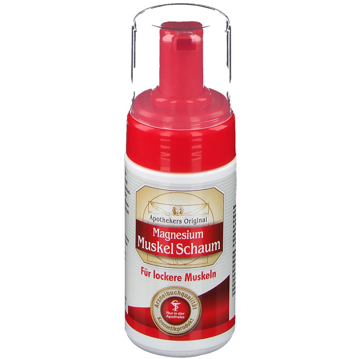 Flacon de Mousse musculaire au magnésium. Tête de pompe rouge avec capuchon transparent. Étiquette avec nom et logo du produit.