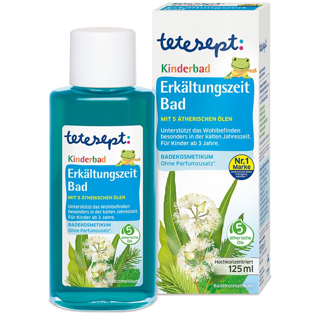 Flacon et emballage tetesept Kinderbad Erkältungszeit Bad. Liquide bleu, bouchon blanc. Contient 5 huiles essentielles.