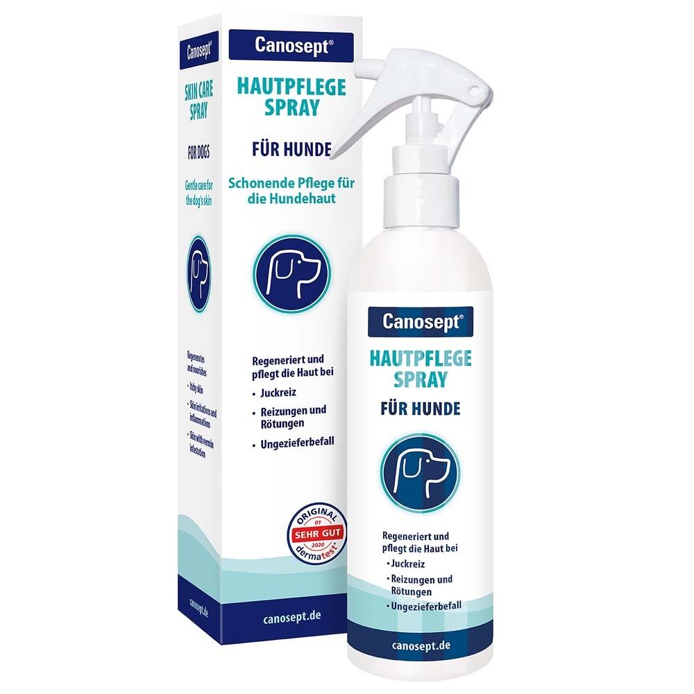 Spray pour le soin de la peau pour chiens Canosept®. Bouteille blanche avec pulvérisateur et emballage. Nom et logo visibles.