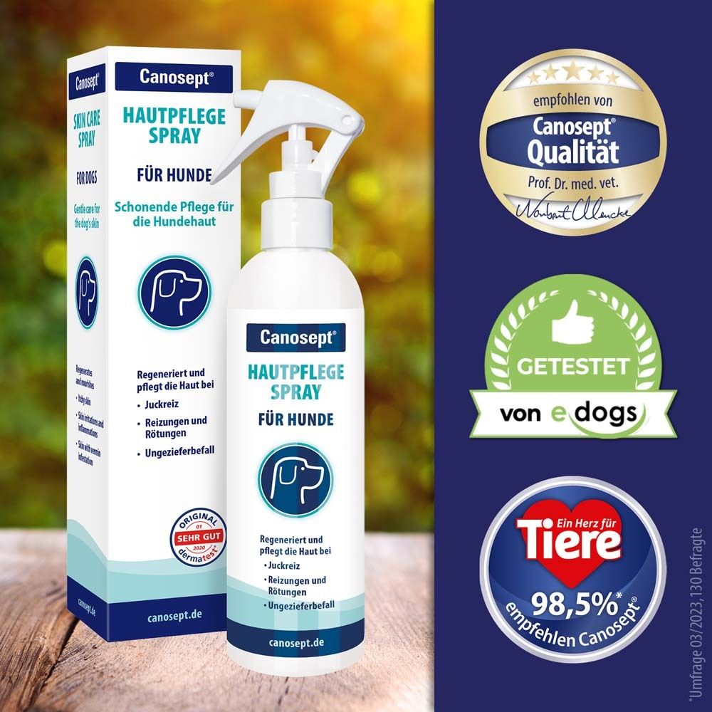 Spray Canosept® pour chiens. Bouteille et emballage. Logos et certifications.