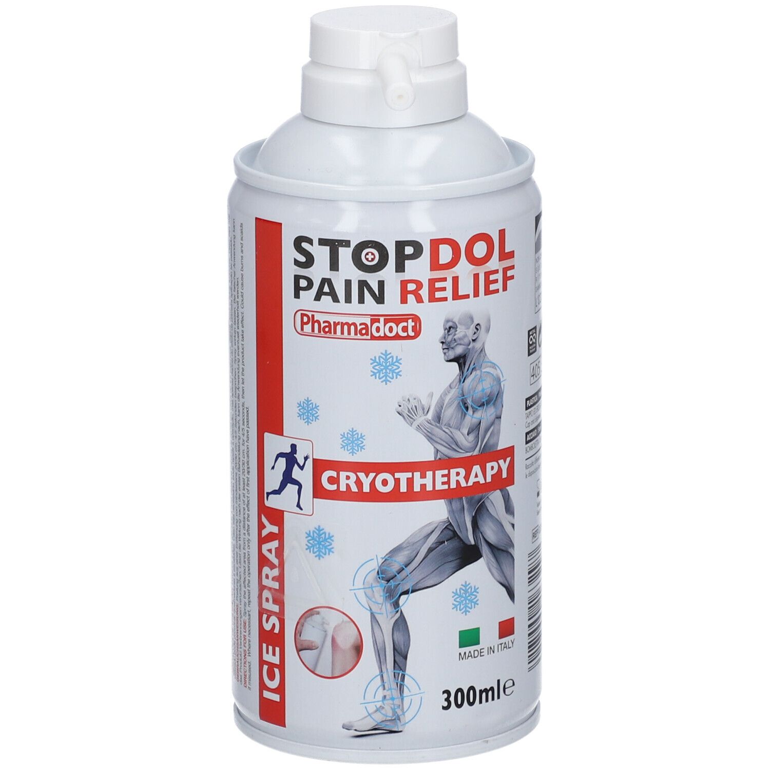 Bombe de spray blanche avec texte rouge et bleu. Inscription: STOPDOL PAIN RELIEF, CRYOTHERAPY, ICE SPRAY. 300ml.