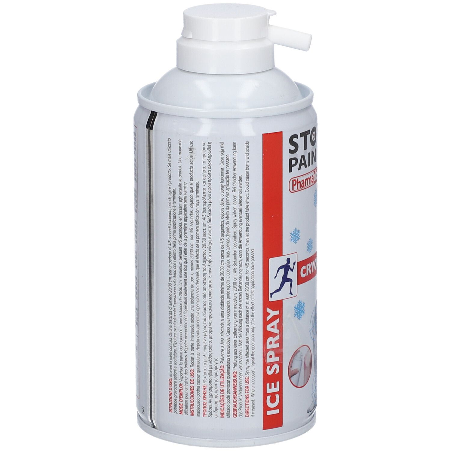Bombe de spray blanche avec texte. Inscription: STOPDOL PAIN RELIEF, CRYOTHERAPY, ICE SPRAY. Contient du texte en plusieurs langues.