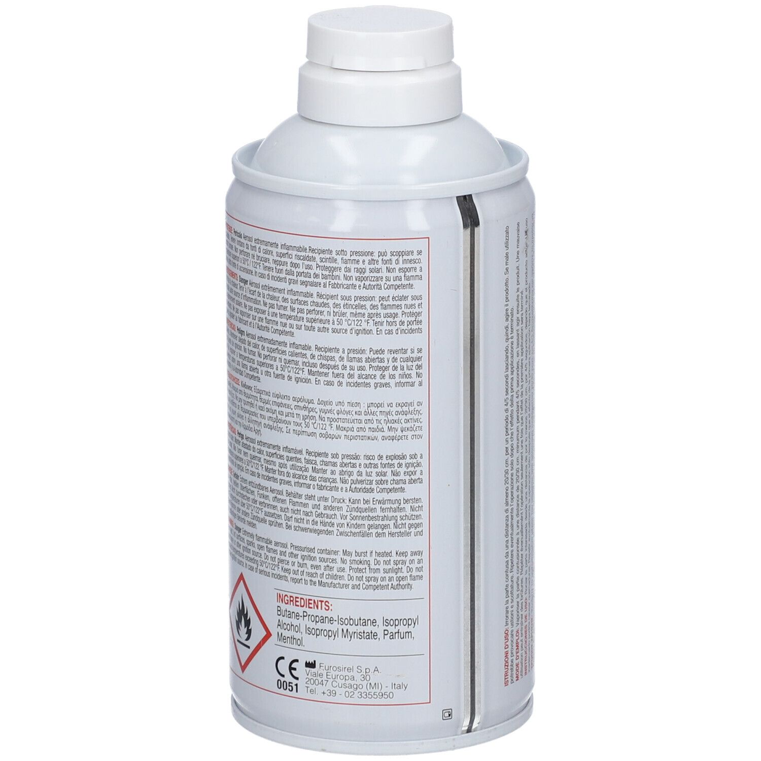 Bombe de spray blanche avec texte et avertissements. Contient des ingrédients et des symboles de danger. Arrière.