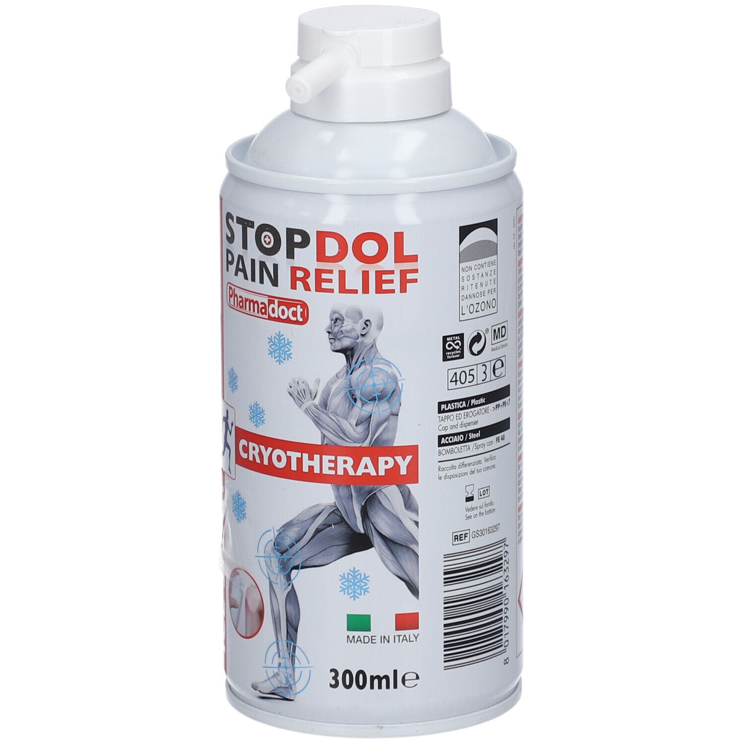 Bombe de spray blanche avec texte rouge et bleu. Inscription: STOPDOL PAIN RELIEF, CRYOTHERAPY, ICE SPRAY. 300ml.