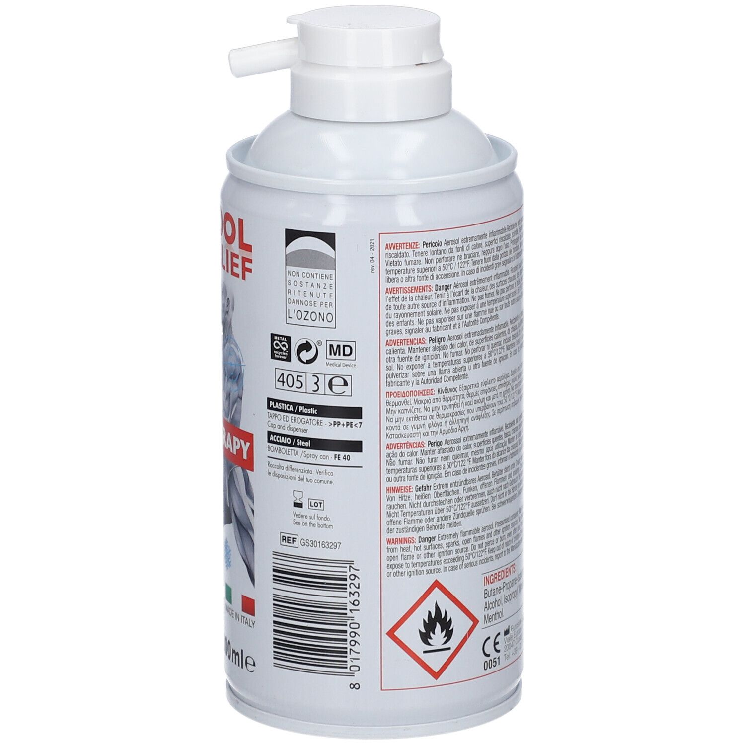 Bombe de spray blanche avec texte et avertissements. Contient des symboles de danger. Arrière.