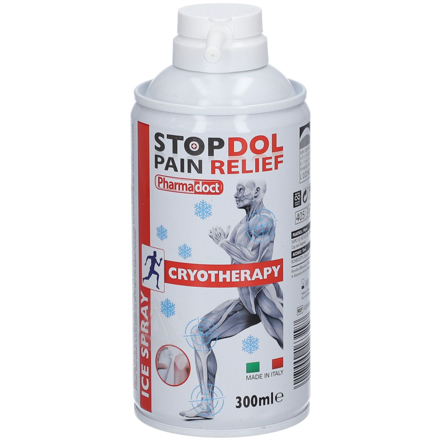 Bombe de spray blanche avec texte rouge et bleu. Inscription: STOPDOL PAIN RELIEF, CRYOTHERAPY, ICE SPRAY. 300ml.