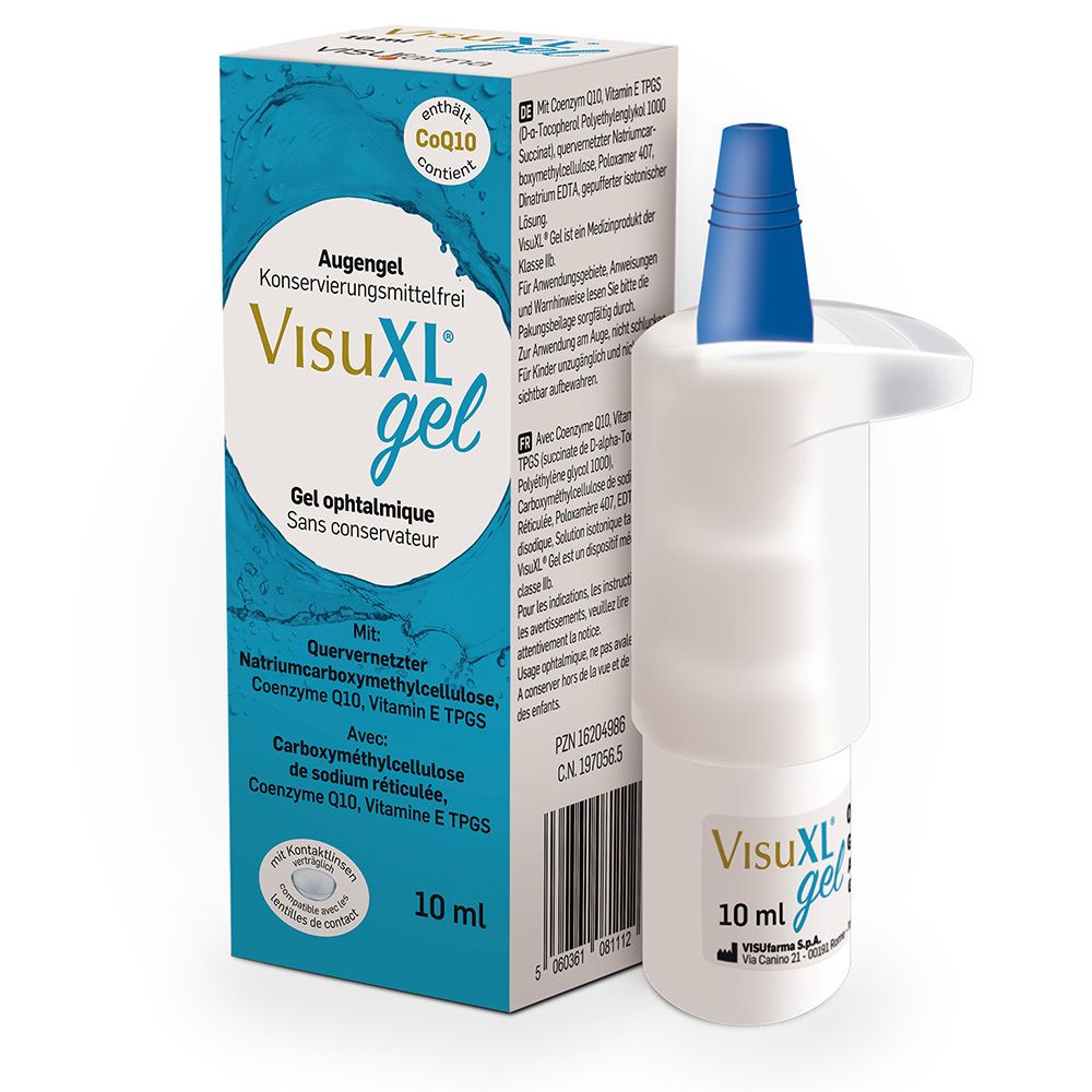 Gel ophtalmique VisuXL gel avec emballage. Flacon avec bouchon bleu et étui protecteur. Emballage avec informations.