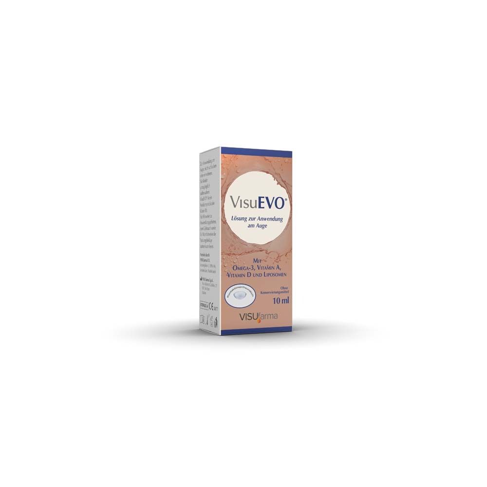 VisuEVO® gouttes ophtalmiques et emballage. Contient Oméga-3, Vitamine A, Vitamine D et liposomes. Flacon 10 ml.