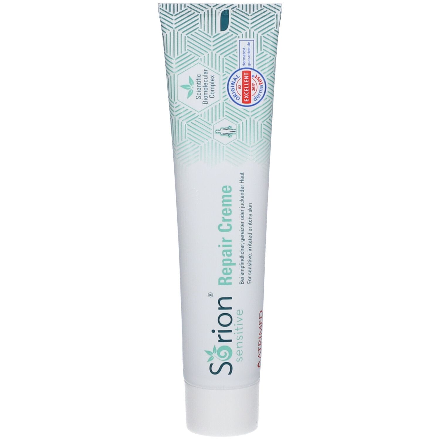 Tube de crème Sorion® Repair Creme Sensitiv. Blanc, vert clair. Texte: Repair Creme, sensitive. Sceau.