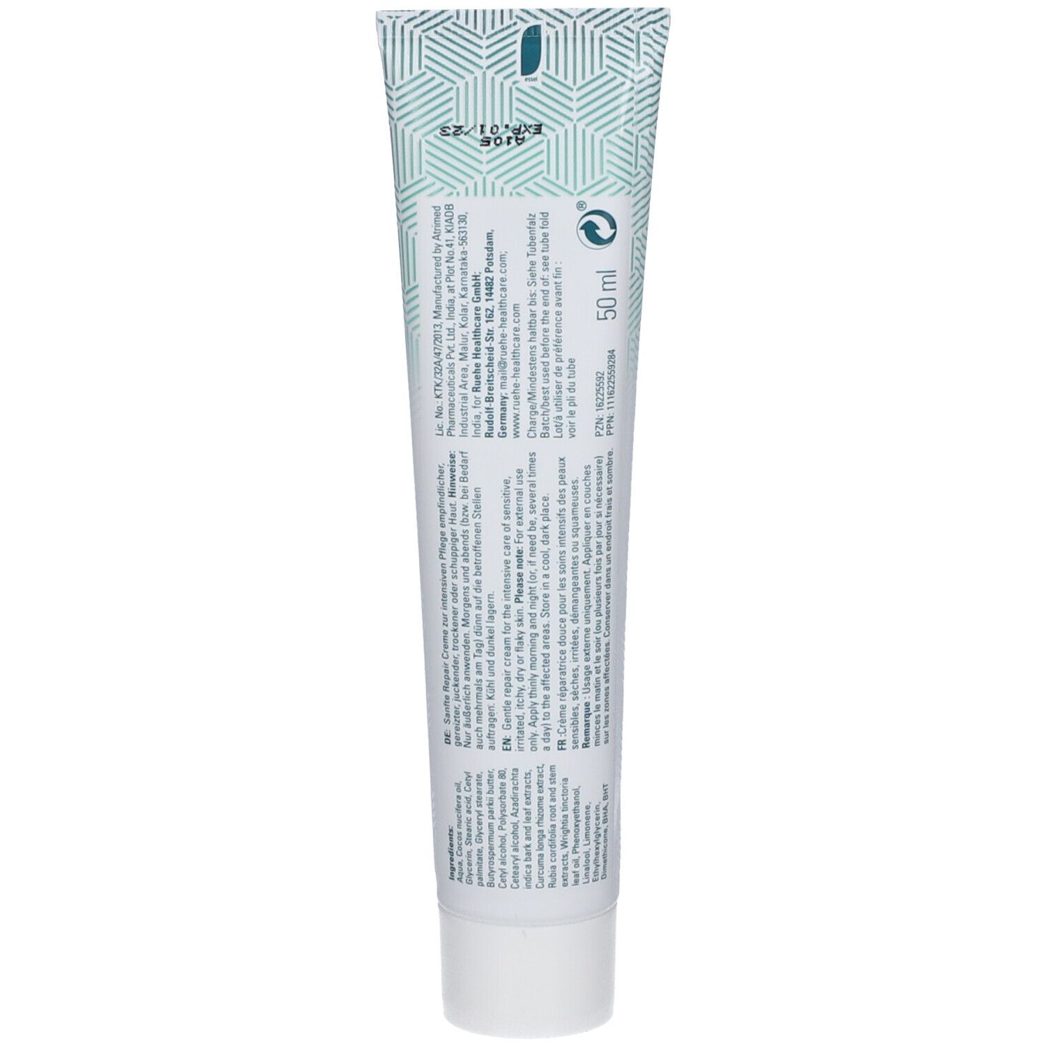 Dos du tube de crème Sorion® Repair Creme Sensitiv. Texte et logos. Volume: 50 ml.