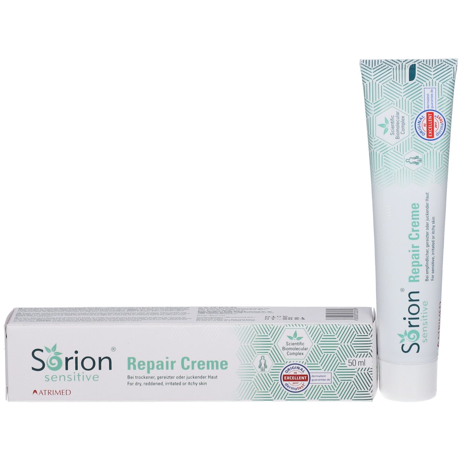 Sorion® Repair Creme Sensitiv et emballage. Blanc, vert clair. Texte: Repair Creme, sensitive. 50 ml.