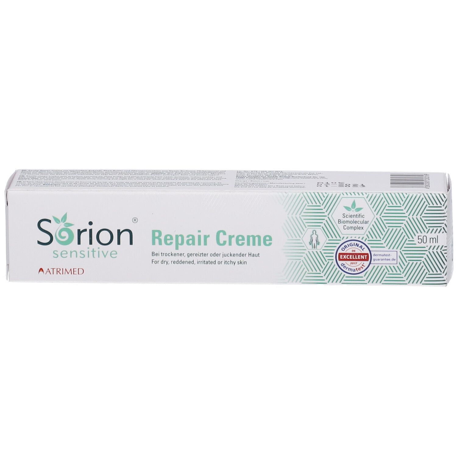 Emballage Sorion® Repair Creme Sensitiv. Blanc, vert clair. Texte: Repair Creme, sensitive. 50 ml.