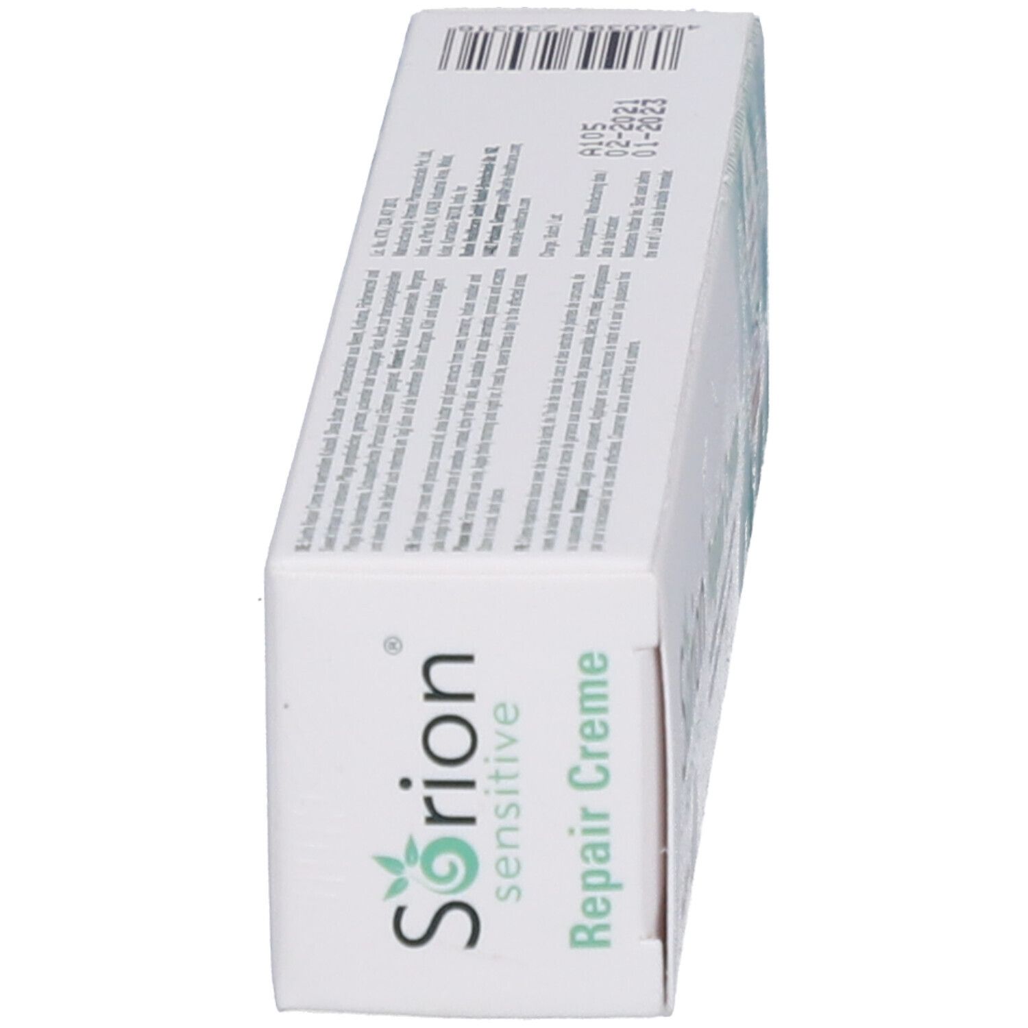 Emballage Sorion® Repair Creme Sensitiv. Blanc, vert clair. Texte et logos. Vue latérale.