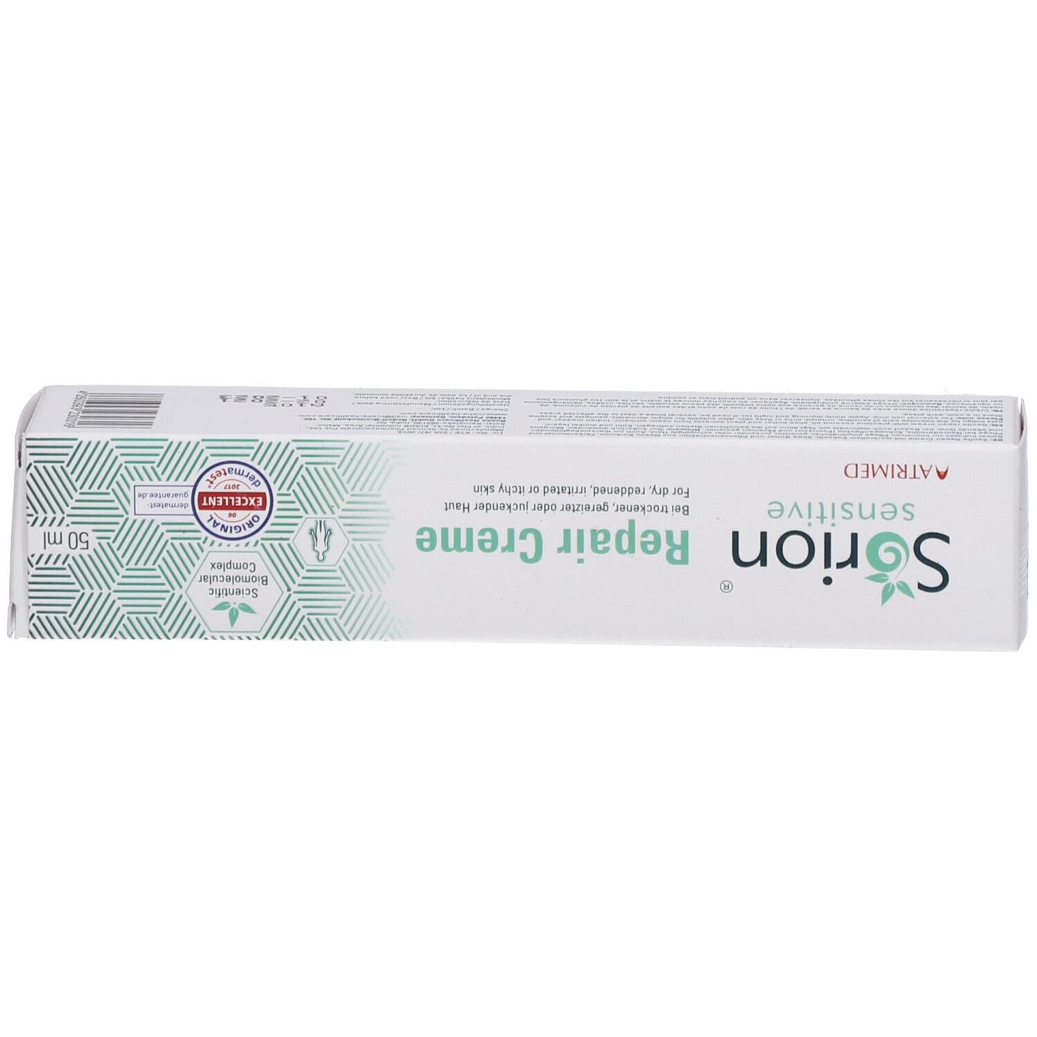 Emballage Sorion® Repair Creme Sensitiv. Blanc, vert clair. Texte: Repair Creme, sensitive. 50 ml.