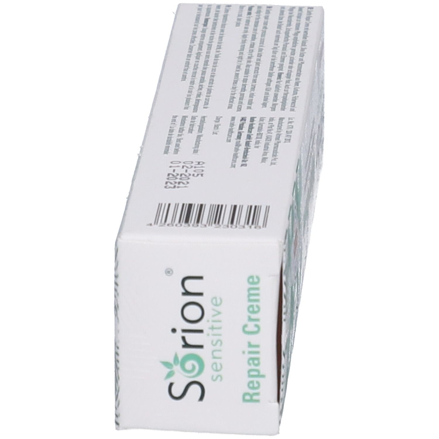 Emballage Sorion® Repair Creme Sensitiv. Blanc, vert clair. Texte et code-barres. Vue latérale.