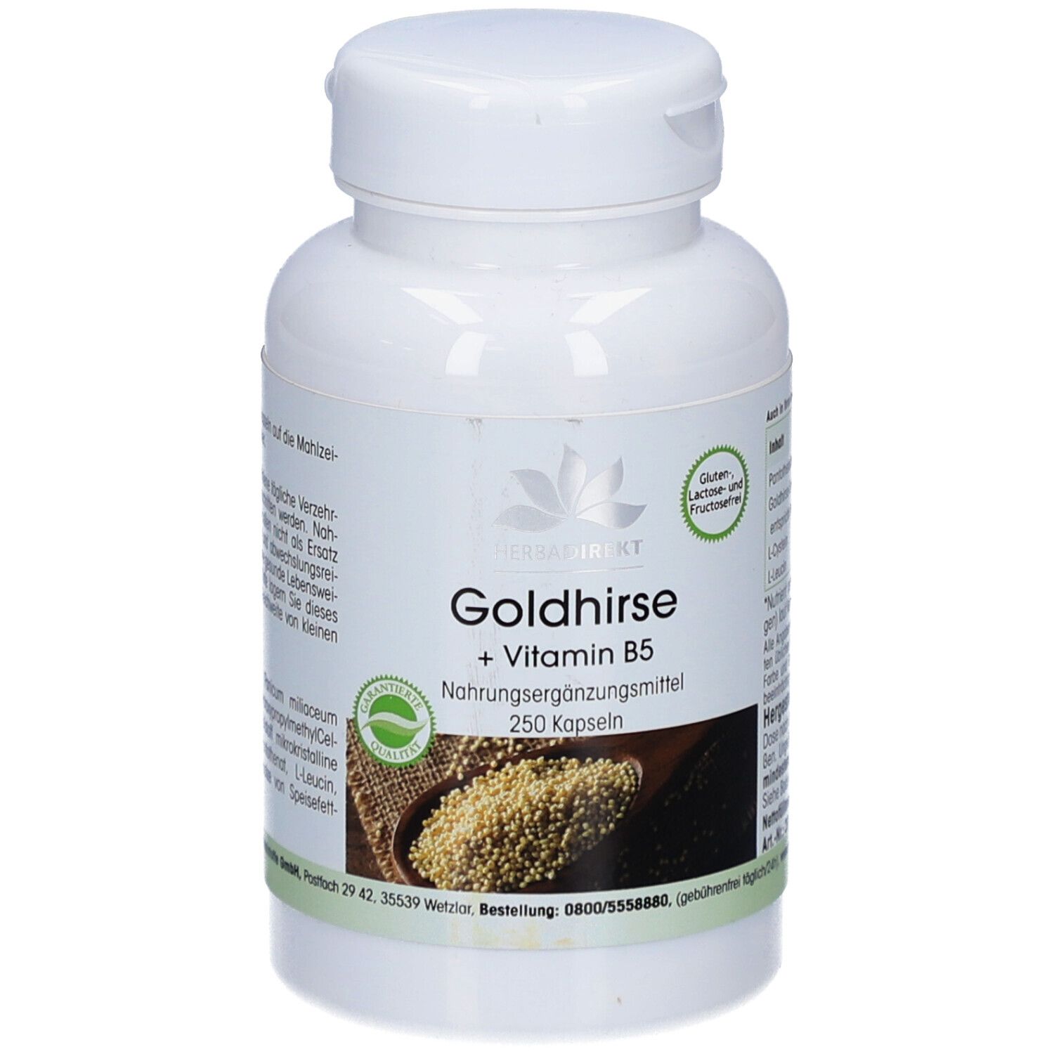 Flacon blanc de gélules. Inscription : Goldhirse + Vitamine B5. 250 gélules. Logo : produit naturel. Sans gluten, lactose et fructose.