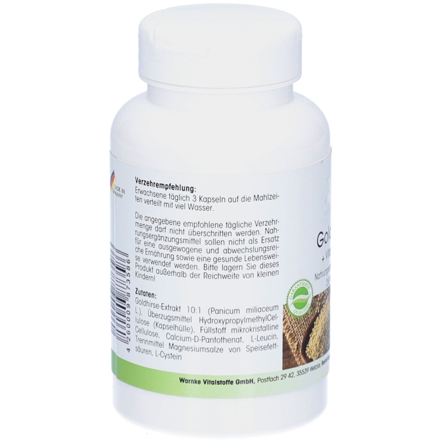 Dos du flacon blanc. Texte : Recommandations de consommation. Ingrédients. Logo : produit naturel. Sans gluten, lactose et fructose. Code-barres.