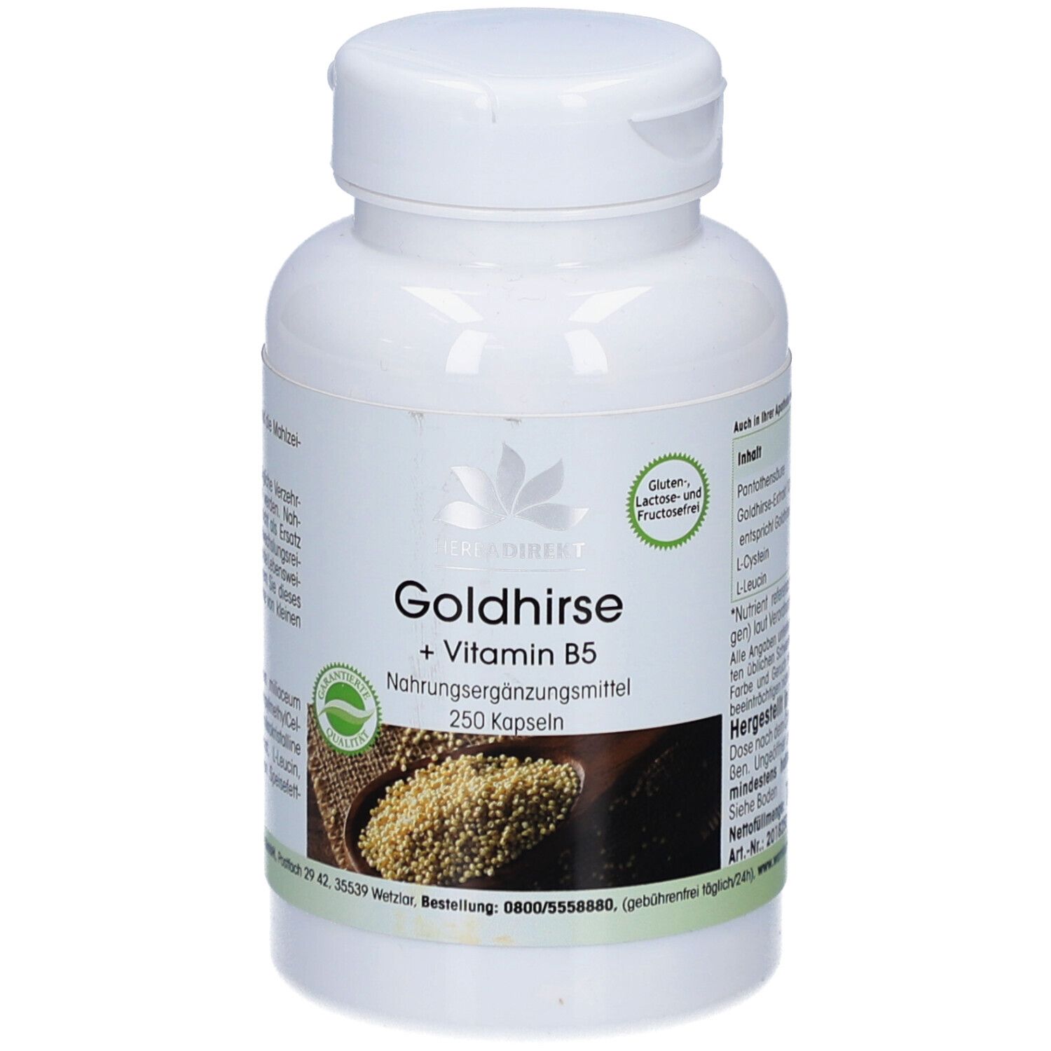 Flacon blanc de gélules. Inscription : Goldhirse + Vitamine B5. 250 gélules. Logo : produit naturel. Sans gluten, lactose et fructose. Ingrédients.